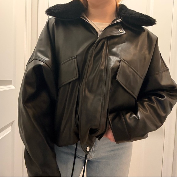 BDG Jackets & Blazers - Black Faux Leather Bomber Jacket with removable sherpa collar